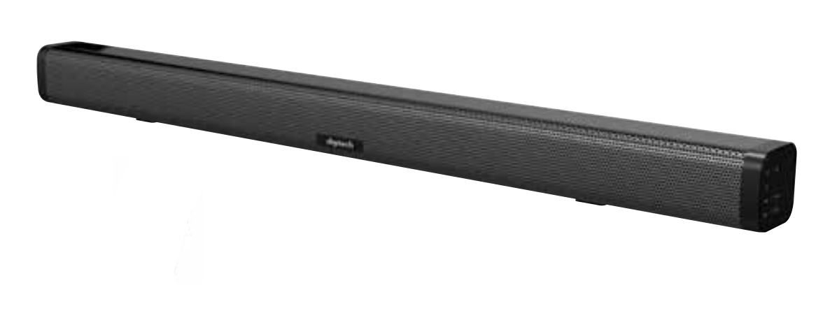 Front view of the 2-channel soundbar showing buttons and LED indicators