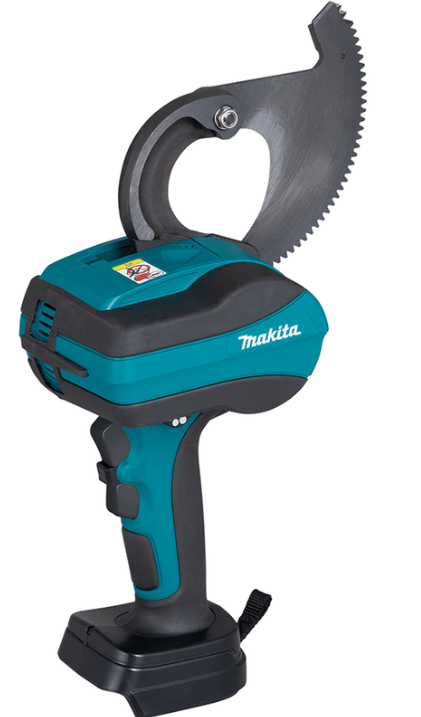 Makita DTC100 Cordless Cable Cutter front view showing moving and stationary blades