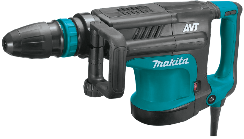 Makita HM0871C Demolition Hammer angled view showing handle and SDS-MAX chisel.