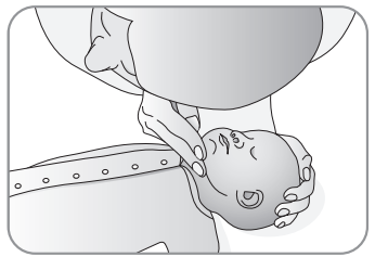 Hands positioning baby’s head for airway clearance