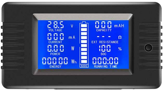 Close-up view of the battery meter LCD screen displaying voltage readings.