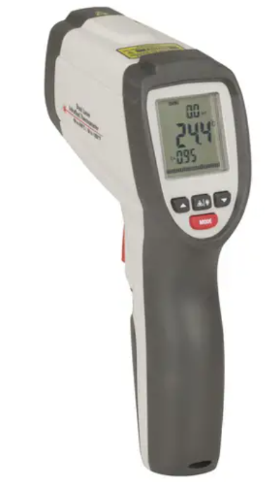 PROTECH QM7420 Dual Laser Thermometer close-up showing dual laser pointers for accurate targeting.