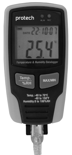 PROTECH QP6014 USB datalogger placed on a work desk with USB connection visible”