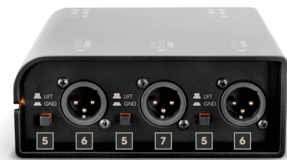 PAD and ground lift switches for reducing unwanted noise and humming in live or studio setups.