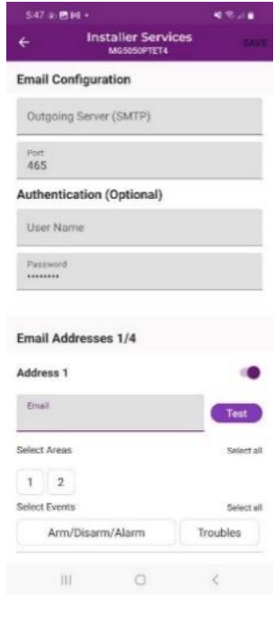 Configuration screen of Paradox IP180 Internet Module Ethernet in BlueEye app