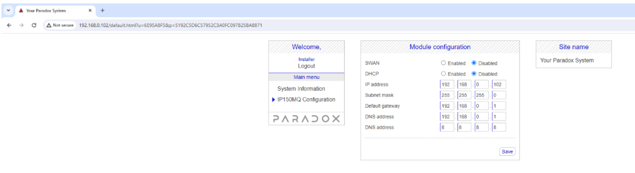 Firmware update process on Paradox IP180 Internet Module Ethernet via BlueEye app