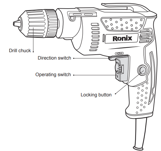 Top view of a corded electric drill with keyless chuck and ergonomic handle