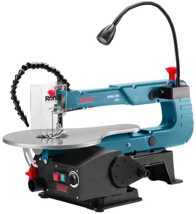 Close-up of the Ronix 5701 scroll saw blade and tension mechanism