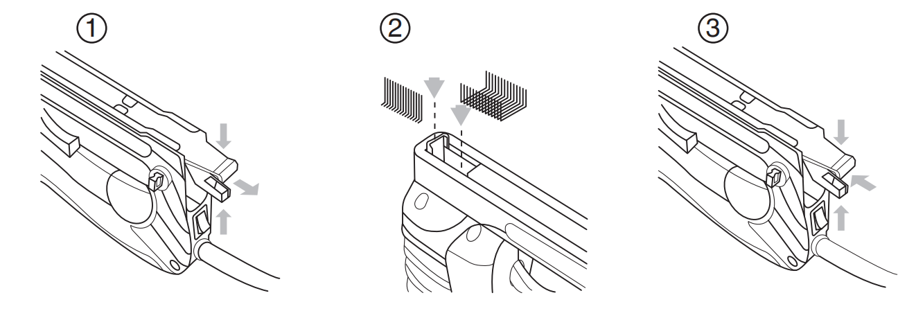 Open magazine compartment with staples being inserted into the tool