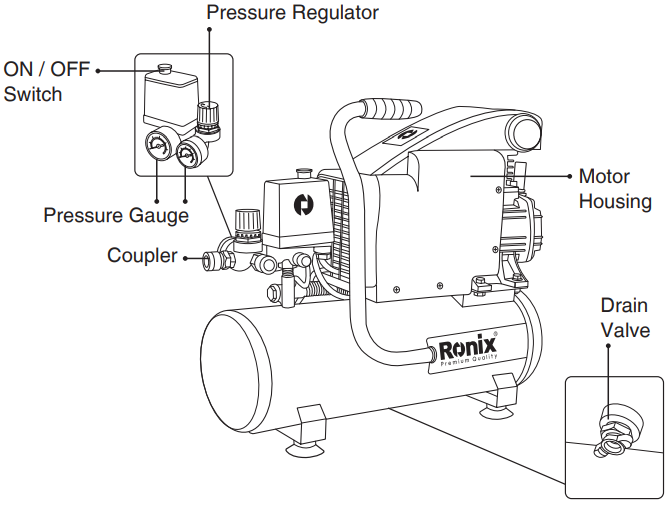 10-liter air tank with safety valve and quick-release mechanism