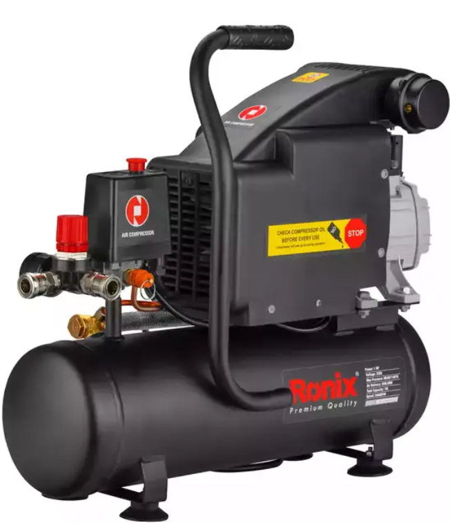 Air compressor motor and pressure gauge showing operational readiness