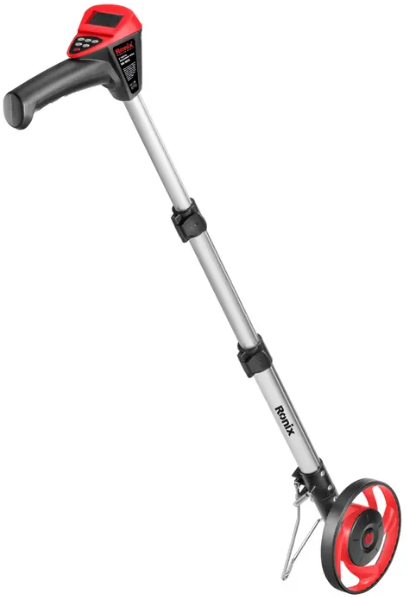 Digital measuring wheel showing wheel, handle, and display console for outdoor measurements