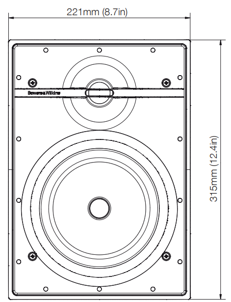 Front view of CWM362 in-wall loudspeaker with sleek minimal-width border