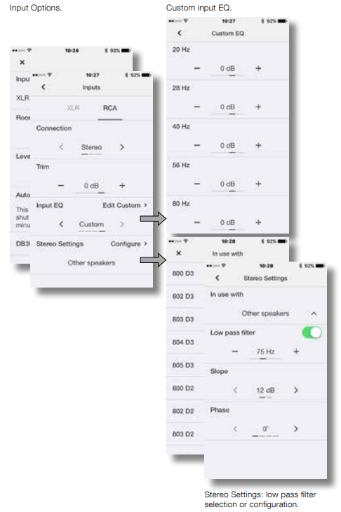 Filter settings screen for adjusting frequency crossover