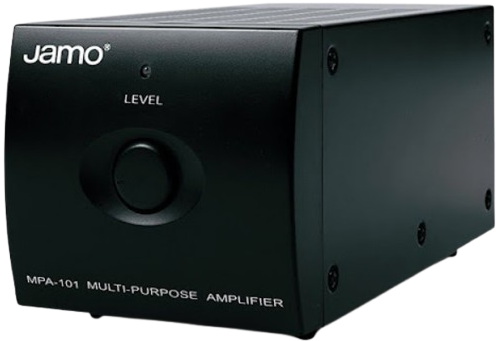 Front panel of the Jamo amplifier showing LED indicators and level control